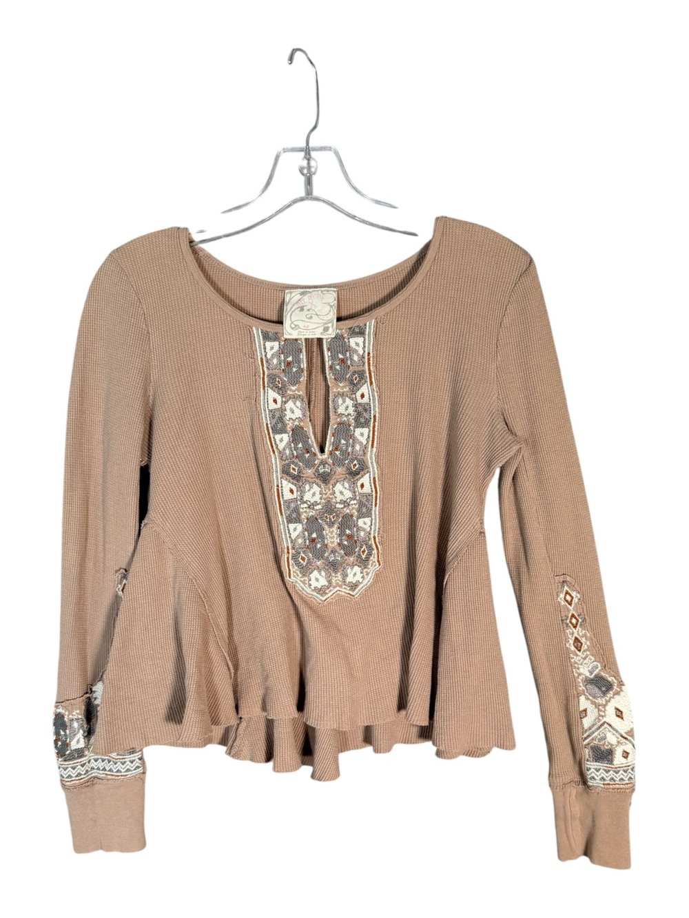 Free People Marion Waffle Thermal Embroidered Brown Long Sleeve Cotton L